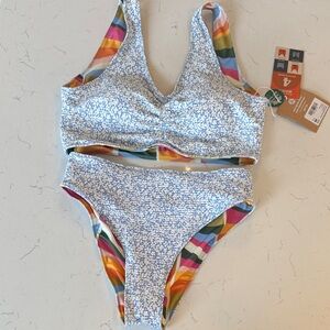 Reversible Blue Floral & Multicolor Stripe Bikini Set